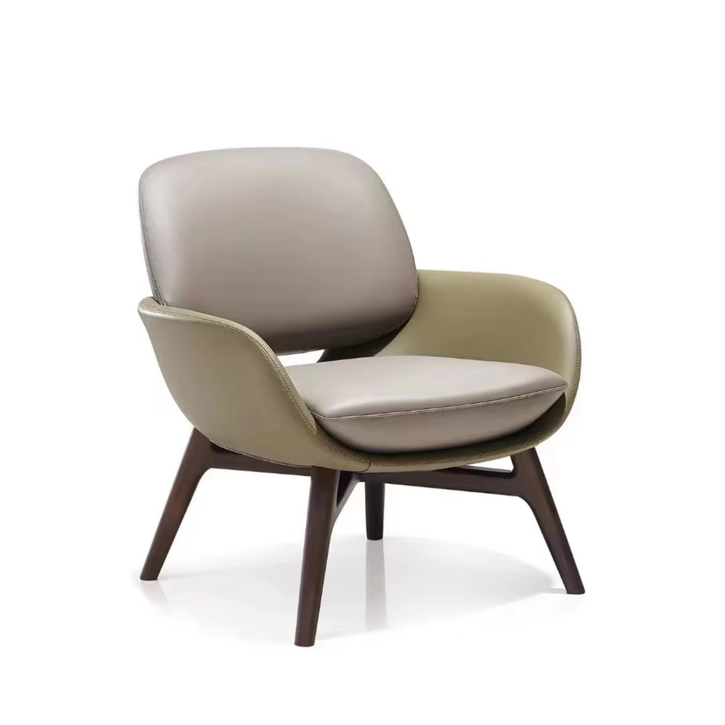Light gray and olive green ergonomic armchair for living room, side view